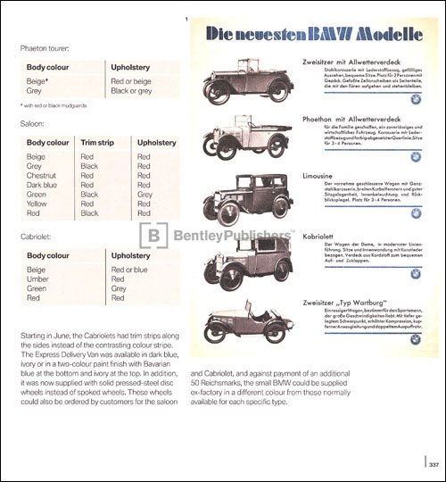 The complete BMW model range at the end of 1930, with the exception of the Express Delivery Van; the proud claim was made that BMW, powered by the famous engine that brought it victory in the 1928/29 Alpine Rallies, is the most economical, best-value car you can buy. Excerpted illustration from From Vision to Success: The Development History of BMW Automobiles: 1918-1932, page 337
(BentleyPublishers.com watermark not printed on actual product.)