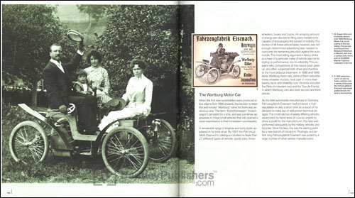 (Left) Dr. Eugen Gotz and his family aboard their 1899 Wartburg Motor Car, on an outing in the Isar Valley. The car was purchased from Beissbarth Brothers in Munich, and now, a century later, forms part of the BMW Mobile Tradition collection in the city.
(Right) A 1900 advertisement: as well as motor vehicles and a variety of bicycles, the Fahrzeugfabrik Eisenach also made pedal-driven children