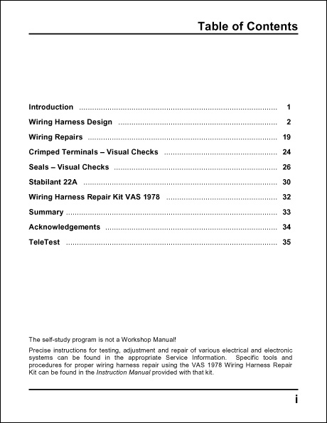 Audi Wiring Harness Inspection & Repair Technical Service Training Self-Study Program Table of Contents