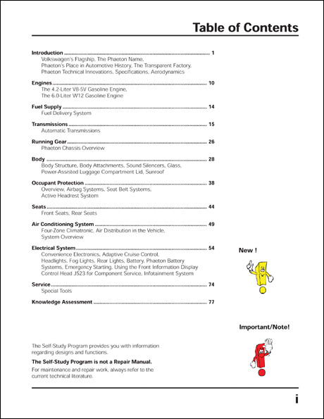 Volkswagen Phaeton Technical Service Training Self-Study Program Table of Contents