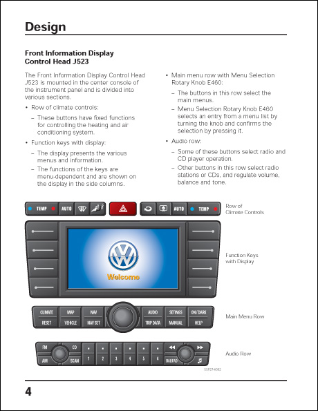 Volkswagen Phaeton Infotainment System Design and Function Technical Service Training Self-Study Program Front Information Display Control Head J523 Design