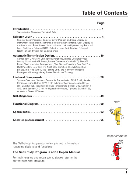 Volkswagen Six-Speed Automatic Transmission 09D Technical Service Training Self-Study Program Table of Contents