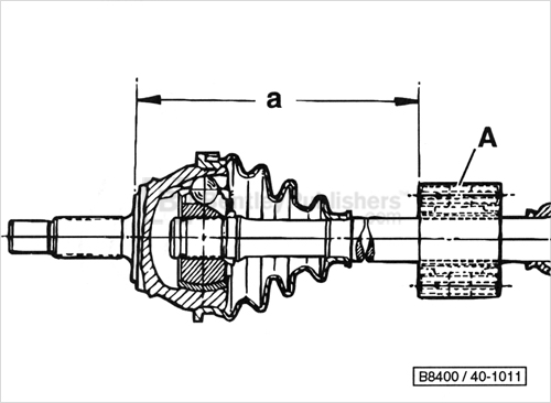 Detailed view showing correct spacing (a) between constant velocity joint and axle vibration damper (A).