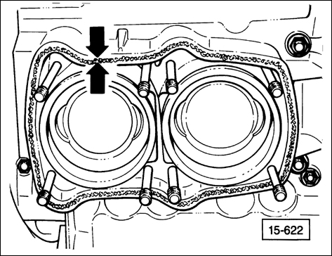 Apply cylinder head sealant (Part No. <b>D 000 400 01</b>) in 1.0-2.0 mm (3/64-5/64 in.) bead (arrows in center of gasket side facing cylinder head.
15 Engine-Cylinder Head, Valve Drive
page 15.28