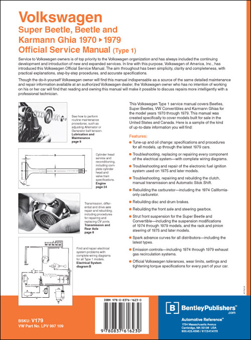 Volkswagen Super Beetle, Beetle and Karmann Ghia Official Service Manual Type 1: 1970-1979 back cover